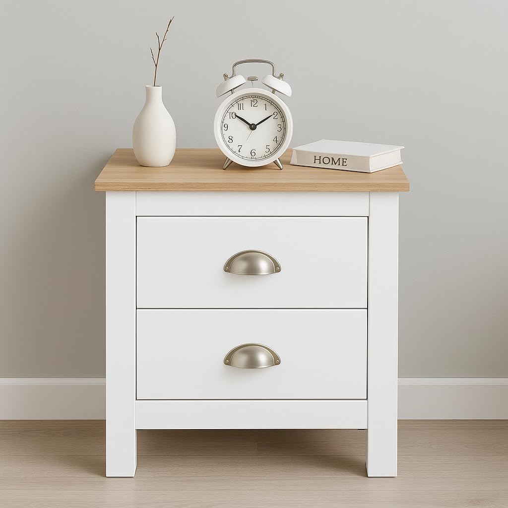 Home Treats White & Pine 2 Drawer Bedside Table | Modern Wooden Nightstand With Pine Top, Bedroom Storage Cabinet for Lamp, Books & Essentials (White, Side Table)