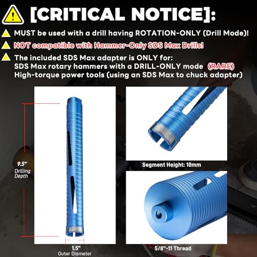 Image of 1 1 /2 inch Dry Core Drill Bit, 5 /8 inch-11 Thread, with 3 Adapters Included: SDS Plus, SDS Max and 1 /2 inch Hex Shank; 9.5 inch Drilling Depth,1.5 inch Diamond Concrete Drill Bit for Masonry Brick Block Stucco