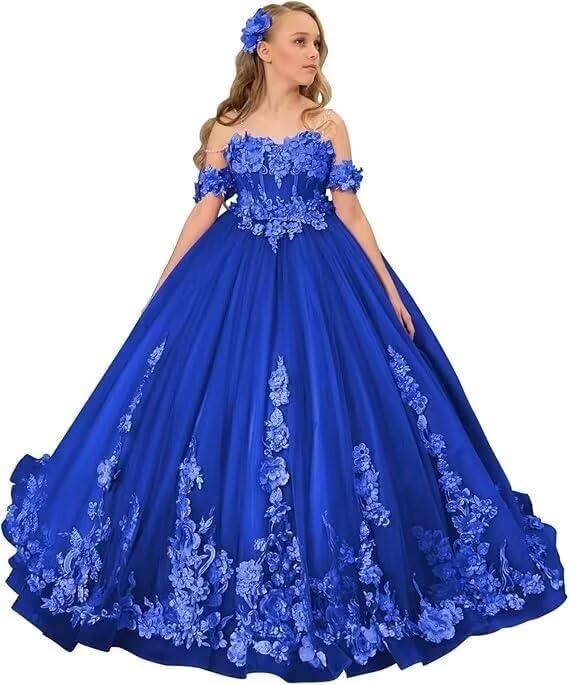 Off Shoulder Tulle Flower Girl Dresses for Wedding Floral Appliques Princess Pageant Party Gown