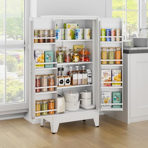 Image of White Pantry Storage Cabinet, 48 inch Kitchen Pantry with Doors and 3 Adjustable Shelves, Metal Freestanding Buffet Cupboards Sideboard, for Office, Home, Garage, School