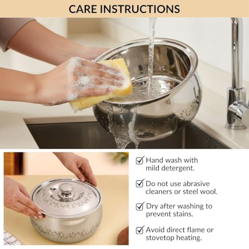 Image of Nestasia Stainless Steel Insulated Casserole with Lid (3000 ml) - 100% Food Safe Roti Server with Floral Pattern - Retains Heat & Freshness | Rust Resistant & BPA - Free Chapati Casserole