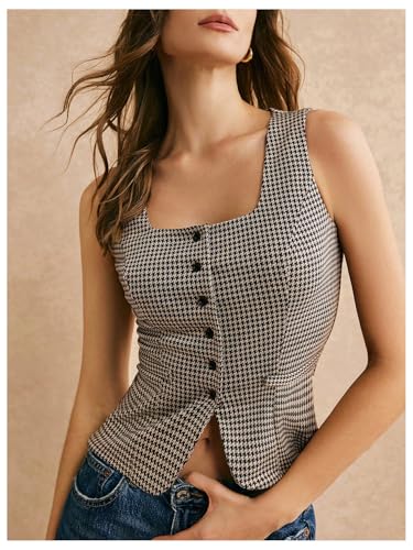 SHENHE Women's Square Neck Plaid Vest Button Up Houndstooth Dressy Business Waistcoat Suit Vest3