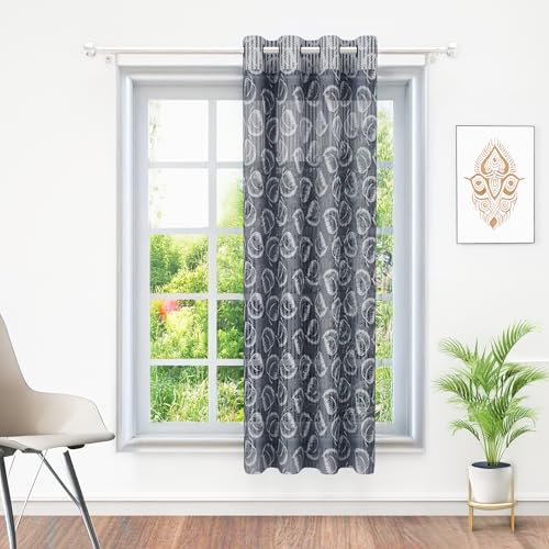 Image of Window Curtains 5 Feet Long Set of 1 | Leaf Design | Polyester | Light Filtering Curtains | Curtains for Living Room | 118 x 152 cm, Grey Color | Perfect for Home Decor