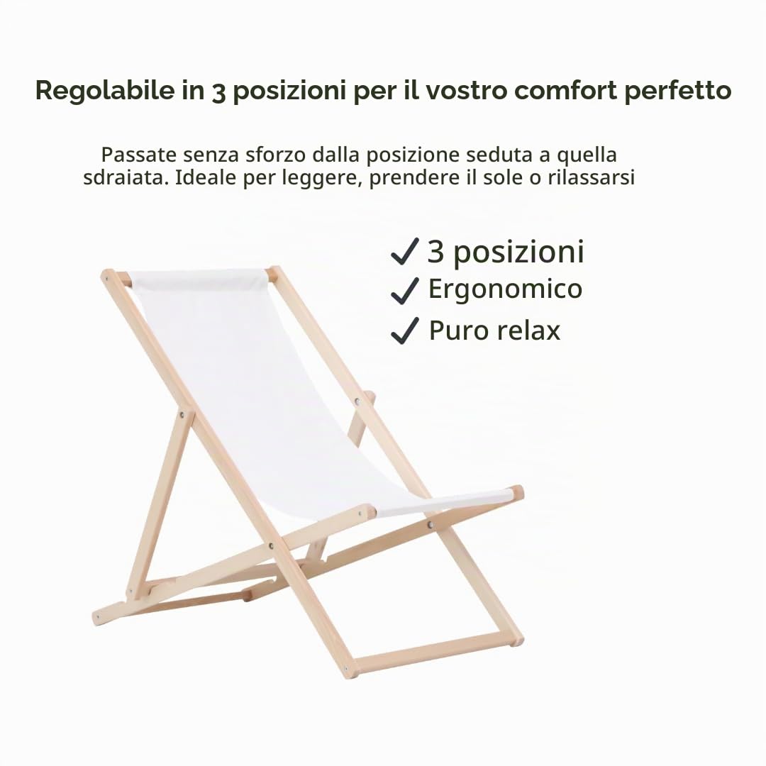 BAS Sedia a sdraio pieghevole in legno, lettino prendisole da spiaggia e giardino, sdraio da esterno senza braccioli – 2 pezzi, Bianco