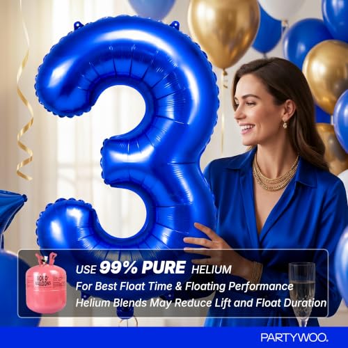 Image of PartyWoo Royal Blue Number 3 Balloon 40 Inch 25pcs Blue Star White Gold