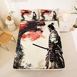 Erosebridal Samurai Fitted Sheet Full Size Dragon Bed Sheets Ukiyo-E Sun Japan Warrior Retro Bedding Set for Kids Teens Adults Ink Painting Hand Drawn Sheets