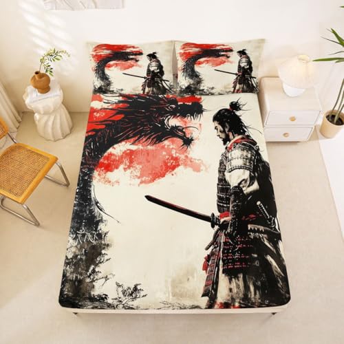 Erosebridal Samurai Fitted Sheet Full Size Dragon Bed Sheets Ukiyo-E Sun Japan Warrior Retro Bedding Set for Kids Teens Adults Ink Painting Hand Drawn Sheets