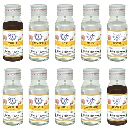 Image of BlueStar Food Flavour | Essence ASSORTED (20ml Pack of 10 bottles) (1 bottle each of Vanilla, Chocolate, Kewra, Pineapple, Rose, Cardamom, MixFruit, Orange, Kesar and Mango)