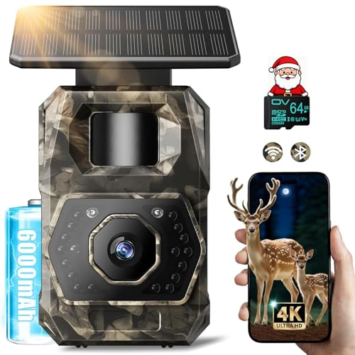 MAXDONE Wildlife Camera WiFi Bluetooth - 4K 64MP Solar Trail Camera with Night Vision Motion Activated, 0.1s Trigger Garden Cameras Built-in 6000mAh Battery Rechargeable, Waterproof IP66, 64GB SD Card