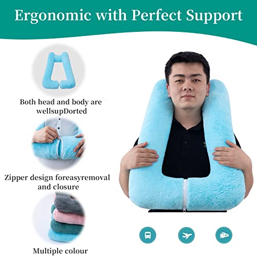 Image of FHSGGP Travel Pillow Upgraded Version of Aircraft Travel Neck Pillow | with Storage Bag, Sleep Pillows for Travel by Train, Car, or Plane, Supporting The Head and Body, Travel Pillow for Kids Blue