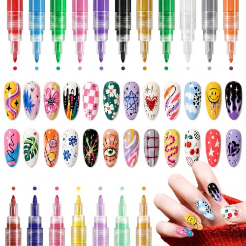 18 Color Nail Art Pens for Painting Nails, 0.7 MM Nail Polish Pens Set Drawing Point Liner Acrylic Painted Pen Kit, Waterproof Quick-drying Nail for DIY Design Manicure Tools