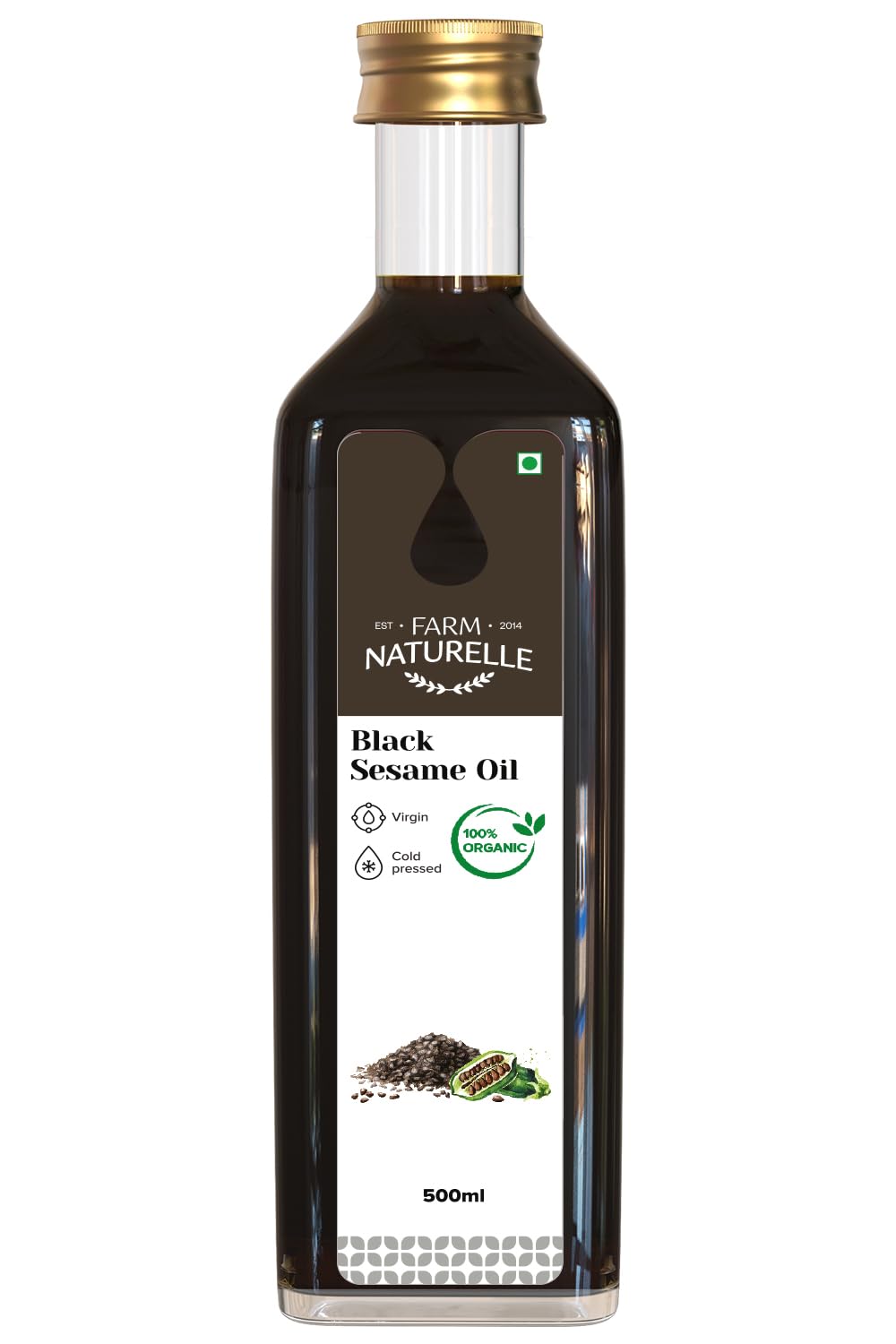 Farm Naturelle 100% Pure & Unrefined Cold Pressed Black Sesame (Gingelly) Oil – 500ml | Glass Bottle | Kolhu/Kacchi Ghani/Chekku | Natural Daily Cooking Oil | Chemical-Free | Rich Aroma & Flavour