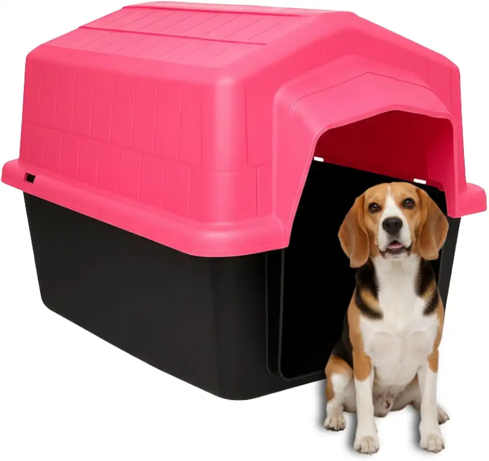 Casinha Pet 2 em 1 Grande N5 Caminha Proteção UV | Uso Externo Sol Chuva | Cães Médios até 22kg Labrador Bulldog Beagle | Plástico Rígido Atóxico Resistente | Limpeza Fácil (Rosa)