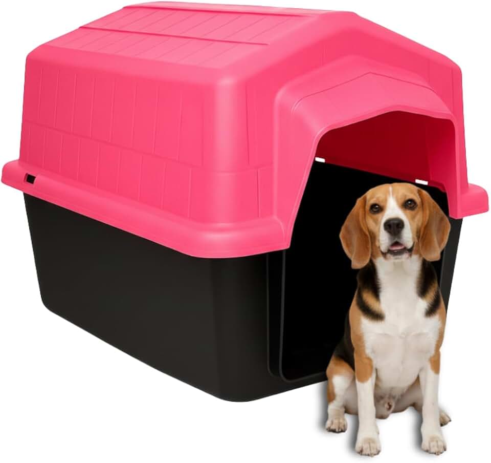 Casinha Pet 2 em 1 Grande N5 Caminha Proteção UV | Uso Externo Sol Chuva | Cães Médios até 22kg Labrador Bulldog Beagle | Plástico Rígido Atóxico Resistente | Limpeza Fácil (Rosa)