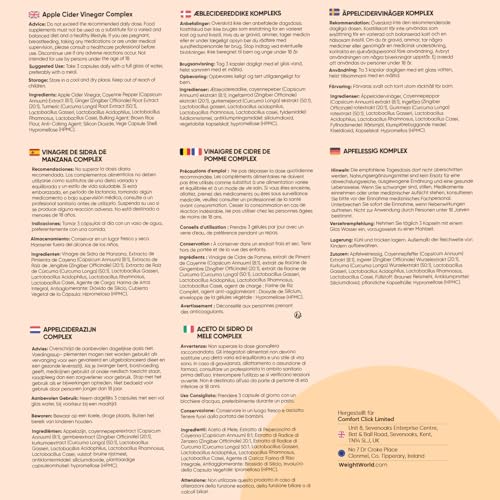 Apfelessig Kapseln - 1860mg Apfelwein Essig Komplex aus Muttersaft, Kurkuma, Ingwer, Cayennepfeffer - 2 Mrd. KBE Bakterienstämme - 180 Kapseln für 2 Monate - Apple Cider Vinegar Capsules - WeightWorld