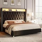 Jocisland King Size Bed Frame 53.6'' Tall Headboard LED Lights and Charging Station, Velvet High Upholstered Platform Bed Wingback Storage, No Box Spring Needed, No Motion Light Under Bed, Black