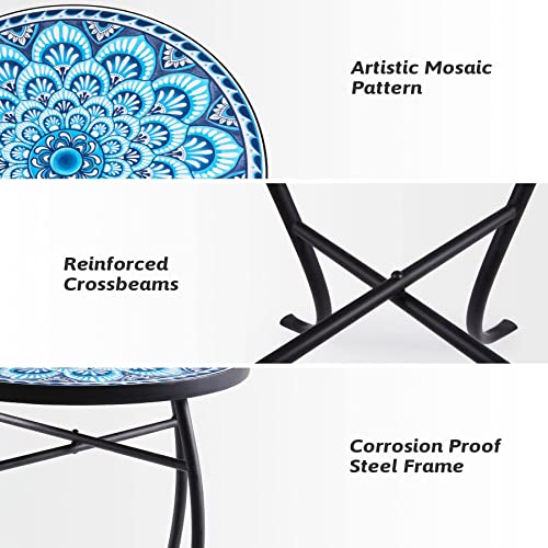 Vonluce Mosaic Side Table And Plant Stand, 21" Round End Table With 14" Ceramic Tile Top, Indoor & Outdoor Accent Table, Porch Patio Furniture, Entryway & Coffee Table For Home & Garden, Blue Mandala #TOP5