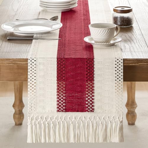 Image of ZeeMart Macrame Style Bicolor Stitching Table Runner, 14 x 36 Inch Red /Ivory, Boho Table Runners 36 Inches Long, Farmhouse Woven Home Decor