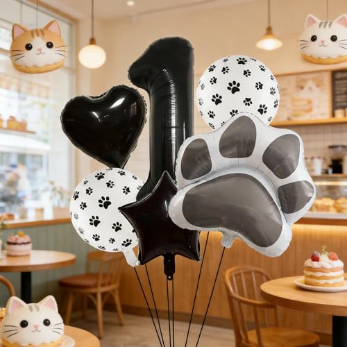 Image of 1st Birthday Dog Paw Balloons Set,18'' Paw Prints, Heart,Star,Paw Shaped Foil Balloon 40 Inch Black Number 1 Helium balloons for Puppy Themed Third Anniversary Birthday Party Decorations Supplies 6PCS