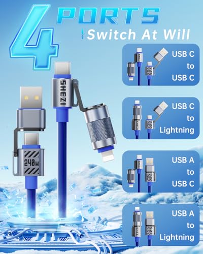 Image of 4 in 1 USB C Cable 240W 5FT Fast Charging & Data Transfer, Thicker Silicone Multi Charger Cord for iPhone iPad Charger Wire Combo with L /Type C /USB A for iPhone 16 /15 /Macbook (Blue)