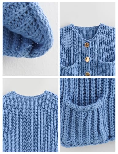 Image of Lumister Womens Crop Knit Vest Sleeveless Button Down Sweaters Chunky Crochet Knit Cardigan with Pockets(0740-Blue-S), Small