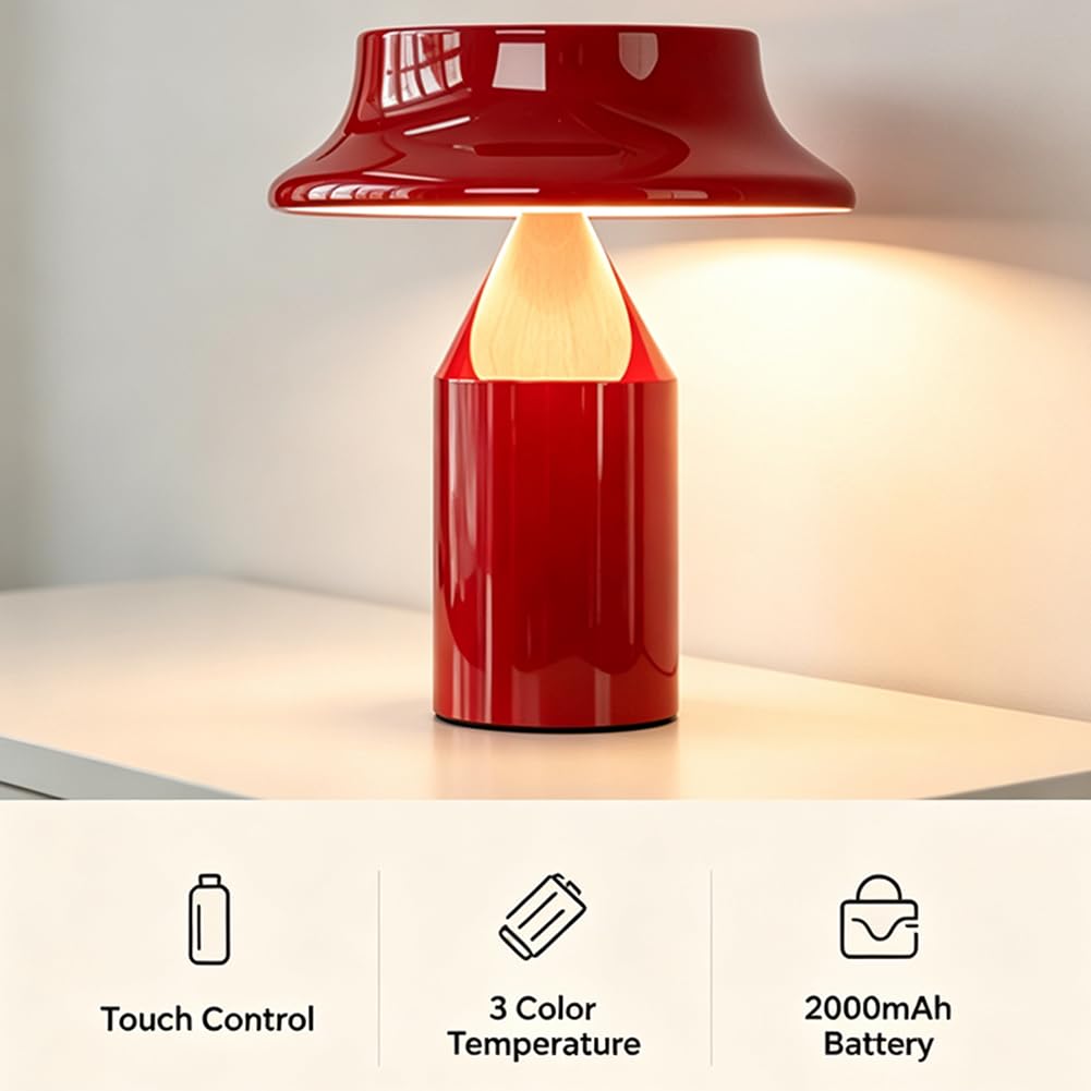 Lampada da Tavolo a Forma di Fungo Senza fili con Batteria Ricaricabile USB Rossa Lampada a Forma di Fungo Ricaricabile Tramite USB con Batteria Intensità Regolabile Lampada a Forma