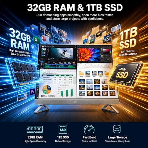 Image of Dell 27 Inch All-in-One Desktop, Intel Core 7 150U, 32GB DDR5 RAM, 1TB SSD, FHD Touch Display, NVIDIA GeForce MX570A, Wi-Fi 6E, Bluetooth 5.3, Windows 11 Pro, for Home Office, Work and Everyday Use