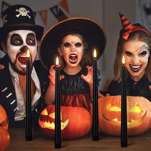 Image of Wondise Halloween Flameless Taper Candles with Remote & Timer, 4 Pack Black Candles Battery Operated LED 3D Wick Flickering for Halloween Table Decorations