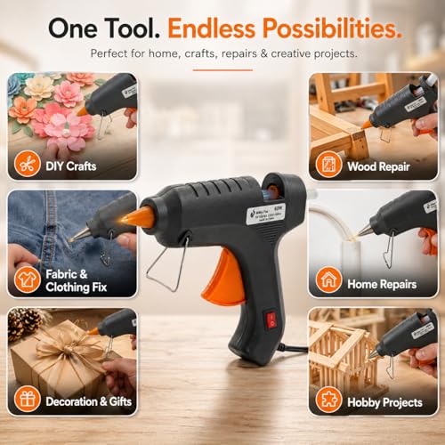 Image of Witty Fox Glue Gun 60W with 10 Glue Sticks for DIY Arts, Crafts, School Projects, Home Repair & Decoration | Hot Melt Glue Gun | Fast Heating for Hobby, Fabric, Plastic, Wood & Quick Fix Use