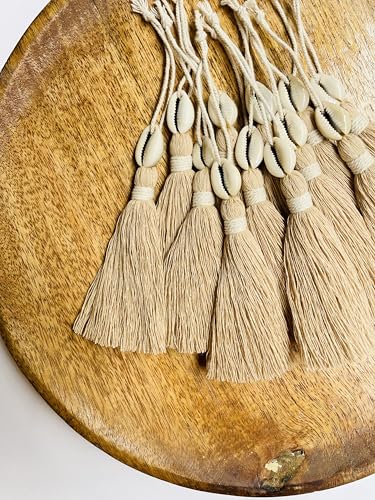 Image of Zippy Flora Handmade Cotton Tassels with Cowrie Shells for DIY & Crafts Project, Pack of 10 (Light Beige)