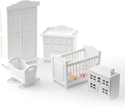 Casa de muñecas Juego de muebles de vivero de madera blanca para habitación de bebé en miniatura de 5 piezas