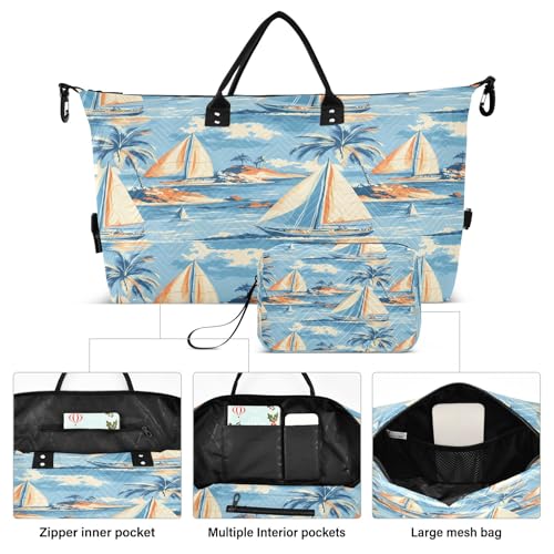 Weekender Bags Travel Duffel Gym Bag Sailboat Palm Sea Wave Pattern Carry on Overnight Tote Bag with Toiletry Bag for Airplane Travel Trip Gym Yoga2