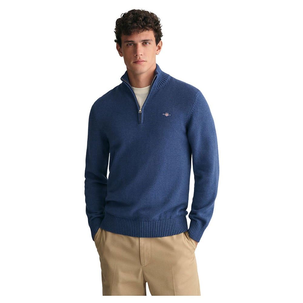 GANT Men's Casual Cotton Halfzip Sweater, Dark Denim Blue Melange, 4XL