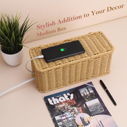 Image of ZhiYo Rattan Cable Management Box, Brown Cord Organizer, 13.5 inch x 6.2 inch x 6 inch | Handwoven imitation rattan cord hider box conceals power strips and cables for a clean desk or floor setup