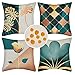 4 Piezas Fundas de Cojín de Lino Impermeables Funda de Almohada Decorativa con Flores de Hojas Verdes y Doradas 45x45cm Abstractos Geométricos para Dormitorio al Aire Libre Sofá Silla