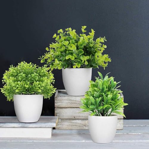 Image of Dekorly Plastic Artificial Plants Small Fake Potted Plants, Mini Eucalyptus Potted Faux Decorative Grass Plant with White Pot for Home Decor, Indoor, Office, Desk, Shelf, Table Decoration (Green-3)