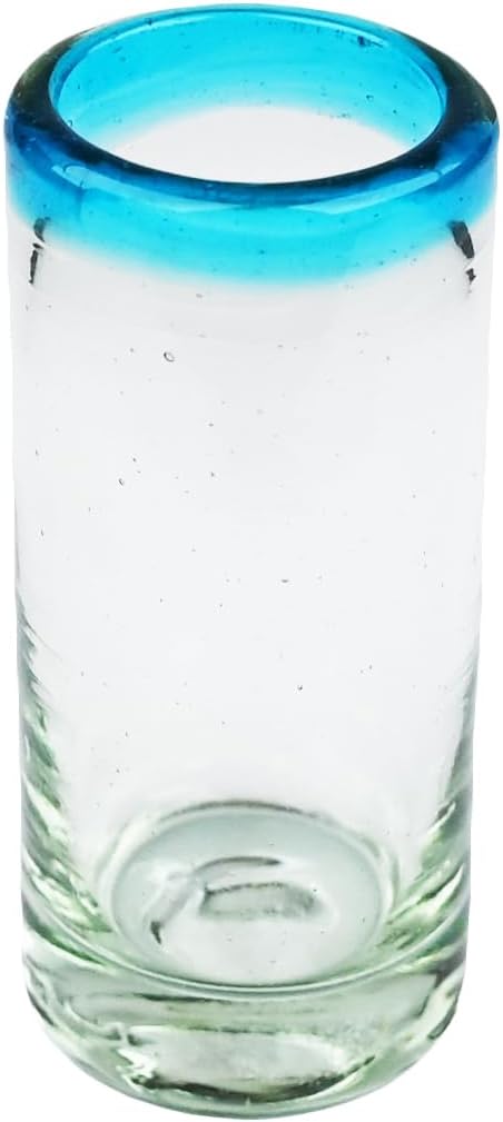 Shot Glass, Aqua Rim, Set of 6, 2 oz, Hand Blown by Mexican Artisans from 100% Recycled Cola Bottles, Eco-Friendly, Sustainable,Expert Glassware Craftsmanship, passed down through Generations
