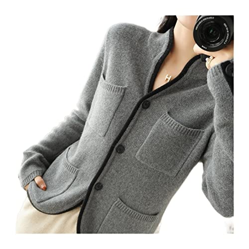 VATIVA Pull 100 % cachemire pour femmes, automne/hiver, col montant, cardigan décontracté en tricot (couleur : gris, taille : M)