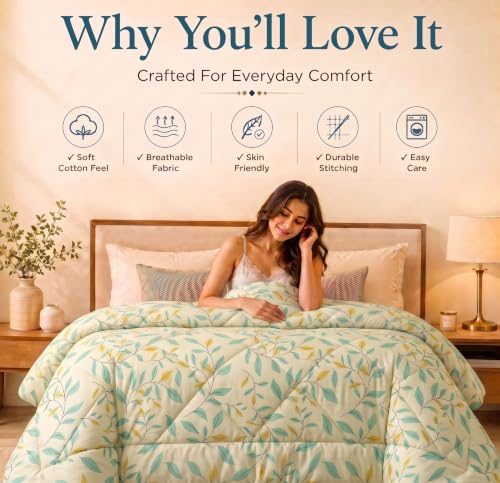 Image of HOMEKART 220 GSM Reversible Microfiber AC Comforter /Duvets for Mild Winter | All Season King Size 3 Layered Quilted Blanket for Double Bed (220 cm x 240 cm,Leaf Printe