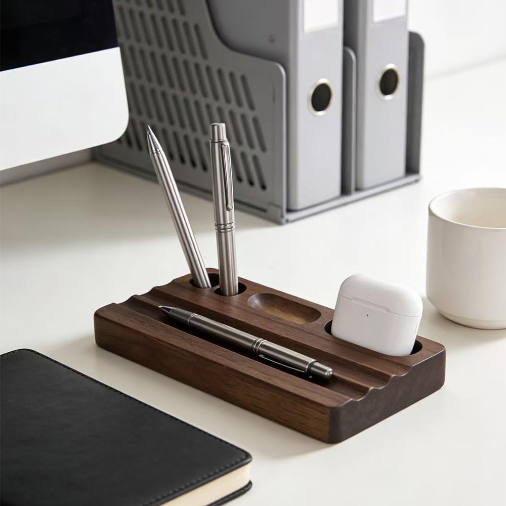 Pen holder Organizer of Office desks, Walnut Desk Pen Stand,Wave Pen Tray Accessory,Suitable for School,Home,Desktop Office Art Accessories,Bring two pure natural feather pens(Walnut, 4 Grid)