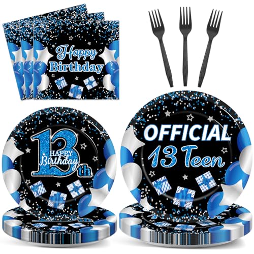 Image of 100 Pcs 13th Birthday Decorations for Boys Official Teen 13th Supplies Plates Napkins Forks Set Disposable Blue 13th Birthday Tableware Paper Plates Dinnerware for Kids Teenager Favors Serve 25