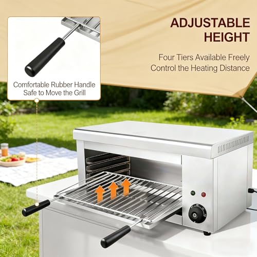Asador salamandra Comercial de 2000 W, Parrilla eléctrica termostática con Altura Ajustable y construcción de Acero Inoxidable para derretir Queso, Pizza y Asar en la Cocina.