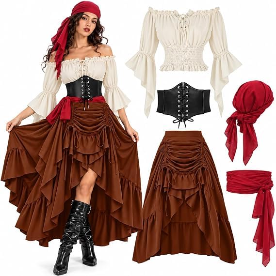5pcs Pirate Costume Women, Halloween Costumes for Women including Pirate Top, Skirt, Corset, Belt and Scarf, Medieval Renaissance Costume for Halloween Carnival Cosplay and Fancy Dress