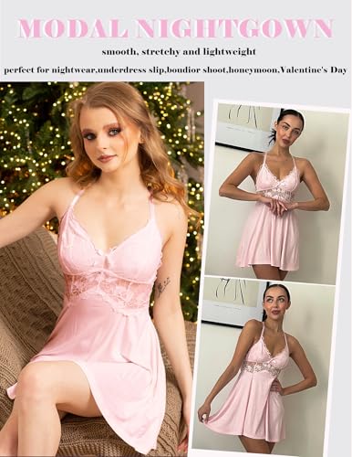 Image of Avidlove Sexy Modal V Neck Lace Babydoll Lingerie Dress Set with Thong 2 Piece