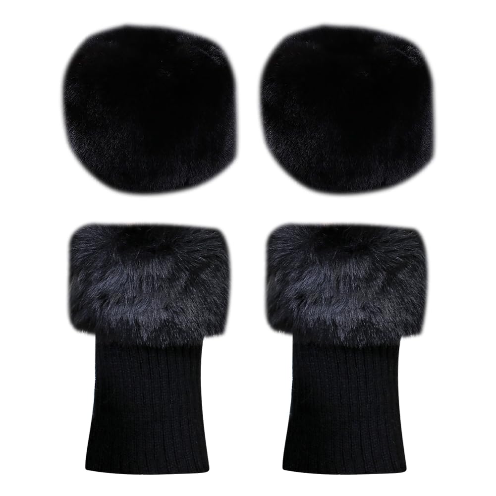 Hugede Black 2 Pairs Faux Fur Boot Covers Winter Wrist Cuff Warmers Fluffy Leg Warmers Fuzzy Cuffs Short Wrist Warmers