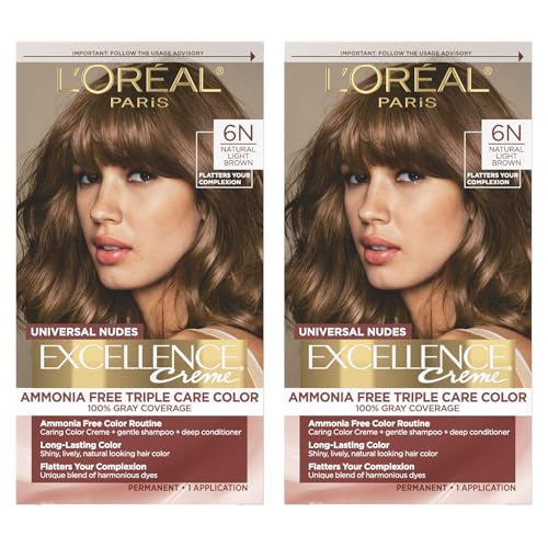 Image of L'Oreal Paris Excellence Universal Nudes Permanent Hair Color, Ammonia Free Hair Dye for Gray Hair Coverage, 6N Natural Light Brown, 1 Kit (Pack of 2)