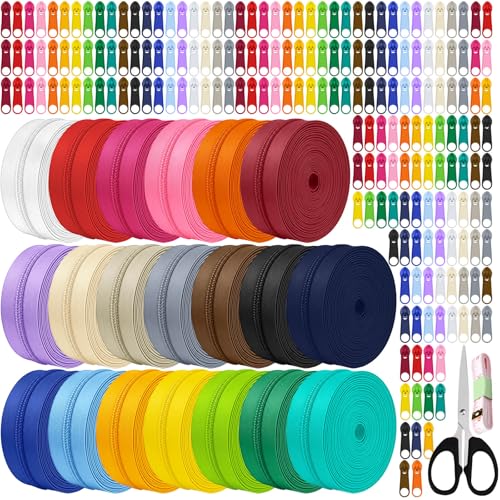 60 Yards 20 Pcs Sewing Colors Zippers Bulk #5 Nylon Coil Assorted Lengths Sewing Zipper with 200Pcs Pull Heads for DIY Sewing Bag Pack Crafts Zipper Tape for Clothes Purse Making Supplies Kit