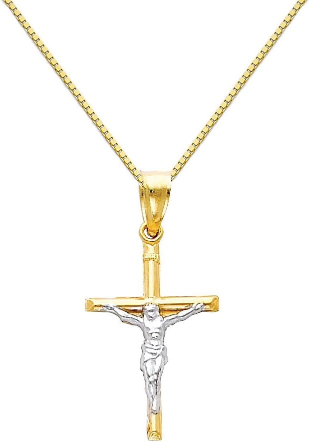 The World Jewelry Center 14k Two Tone Gold Jesus Cross Religious Pendant with 0.65mm Box Link Chain Necklace