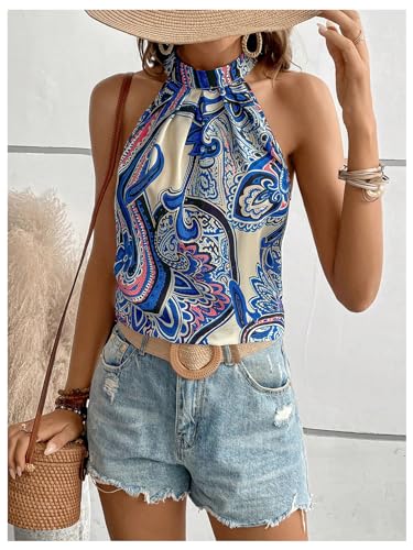 Image of RoseSeek Women's Tropical Paisley Halter Blouse Boho Shirt Vacation Tops