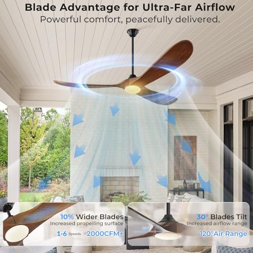 Image of Outdoor Ceiling Fans with Lights-Glass Lamp, 60 inch Smart Ceiling Fan with WIFI Alexa and App Remote Control, Damp Rated Wood Propeller Blades for Patios & Porch, 3 Blades, High CFM 6 Speed, Walnut